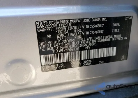 2020 Toyota Rav4 Le из США, поврежденный, VIN 2T3LWRFV2LW081909